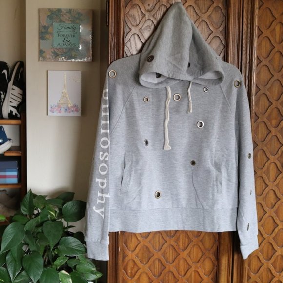 Anthropologie || Philosophy Heather Gray Grommet Crop Sweatshirt Hoodie - Size L - Picture 6 of 16